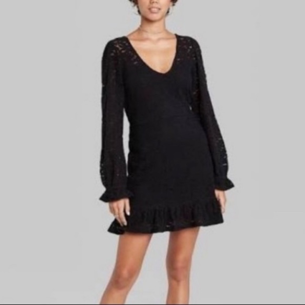 (XS)- Wild Fable Women' Long Sleeve Brushed Lace Skater Dress Black‎
